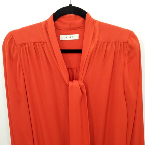 Milly Gathered Tie Neck Silky Long Sleeve Blouse L Red - Picture 4 of 16